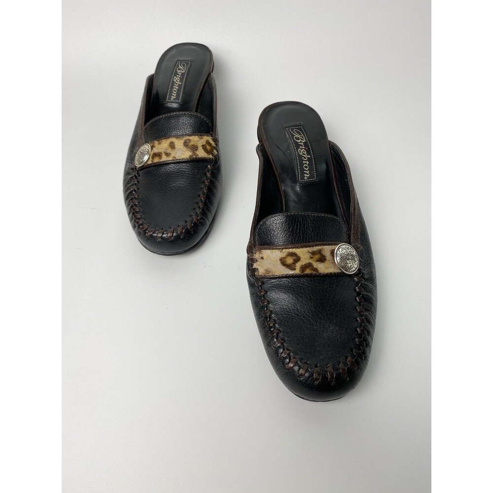 Brighton Eartha Slip On Black Leather Mule Shoes Accent Silver Medallion Size 7